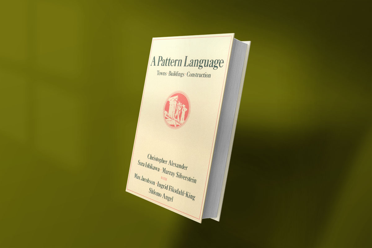 Cover of A Pattern Language: Towns, Buildings, Construction by Christopher Alexander and co-authors, featuring a minimalist beige design with a red circular illustration and serif typography.