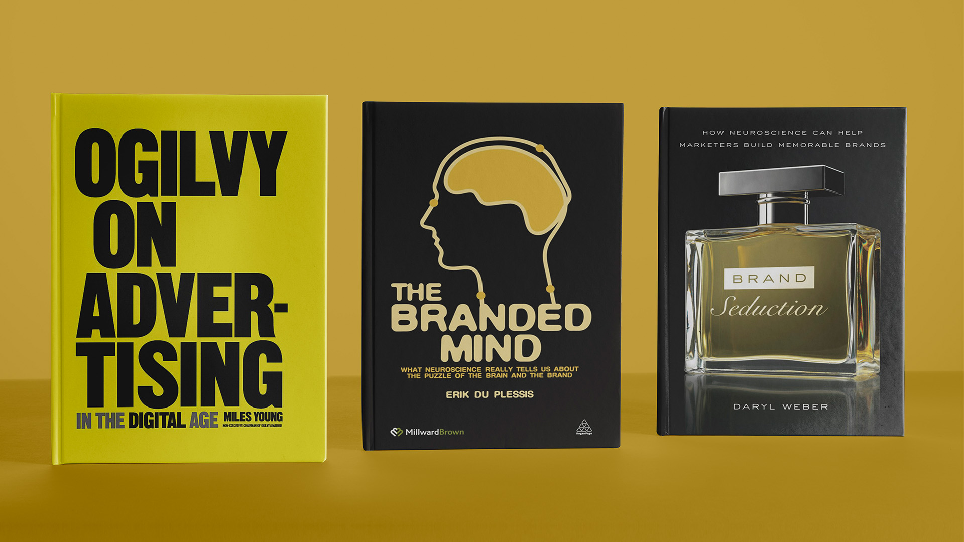 Three book covers on branding and advertising: Ogilvy on Advertising in the Digital Age, The Branded Mind, and Brand Seduction