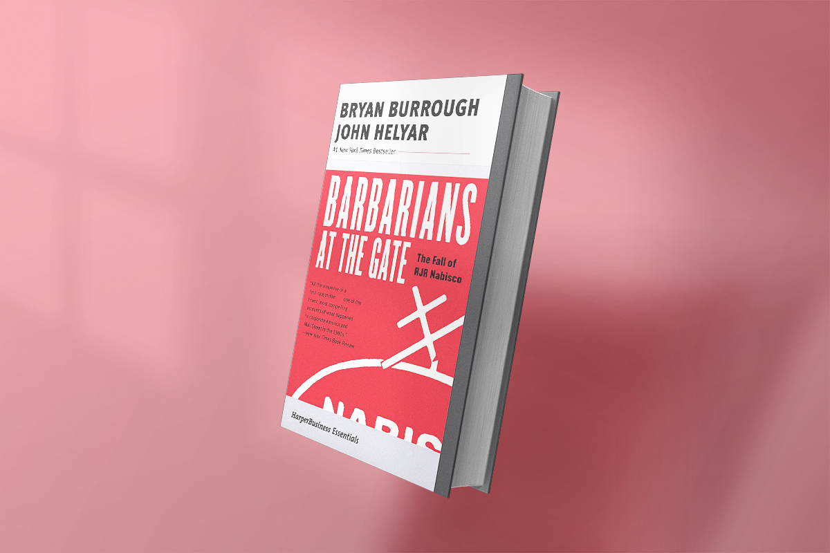 Book cover of “Barbarians at the Gate” by Bryan Burrough and John Helyar, red and white design, chronicling the fall of RJR Nabisco.