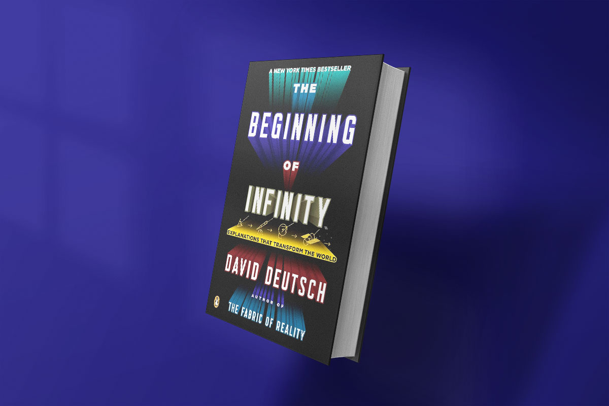 Cover of The Beginning of Infinity by David Deutsch, featuring bold typography with rays of multicolored light and scientific symbols, set against a dark background.