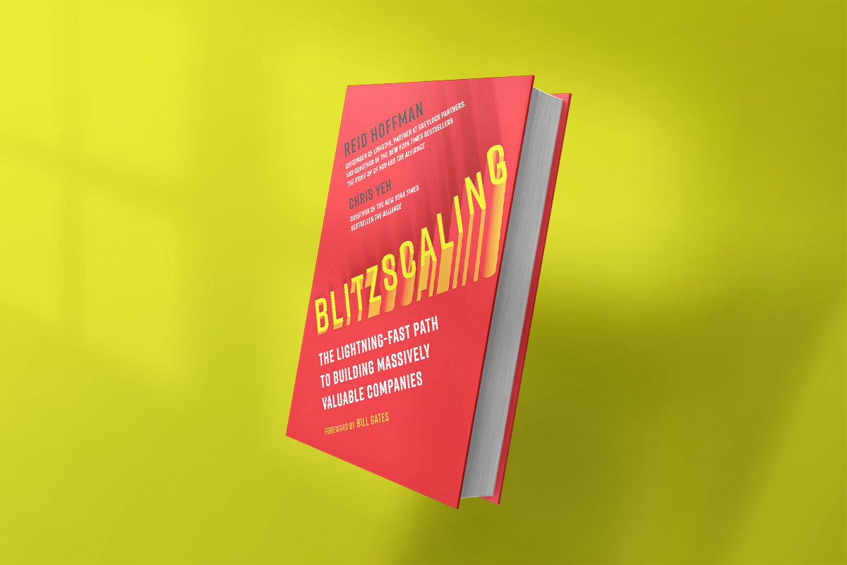 Cover of Blitzscaling by Reid Hoffman and Chris Yeh, featuring bold yellow typography on a red background with vertical scaling bars to emphasize rapid growth.