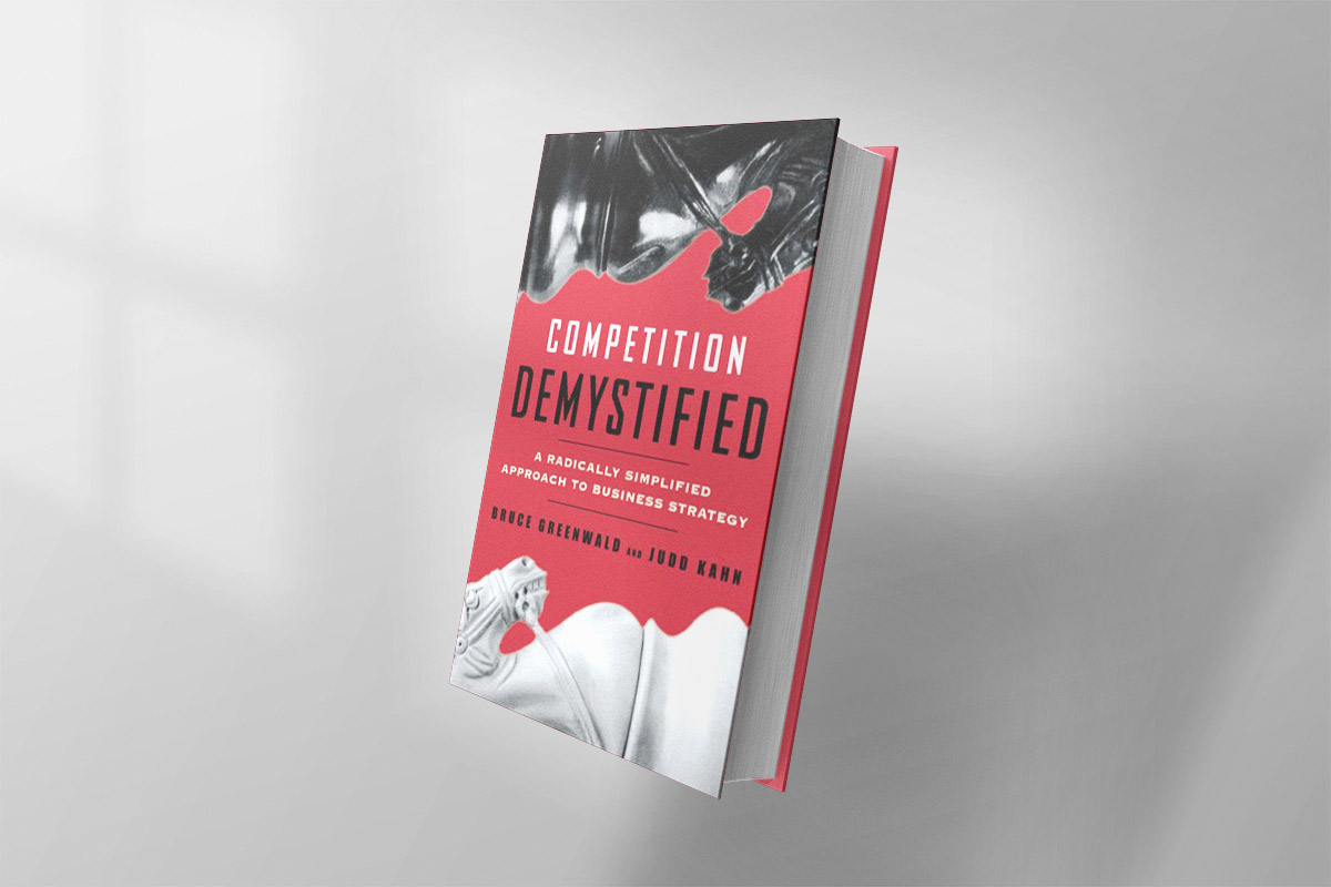 Cover of "Competition Demystified" by Bruce Greenwald and Judd Kahn, featuring a red and black design with chess knight pieces, emphasizing a simplified approach to business strategy.