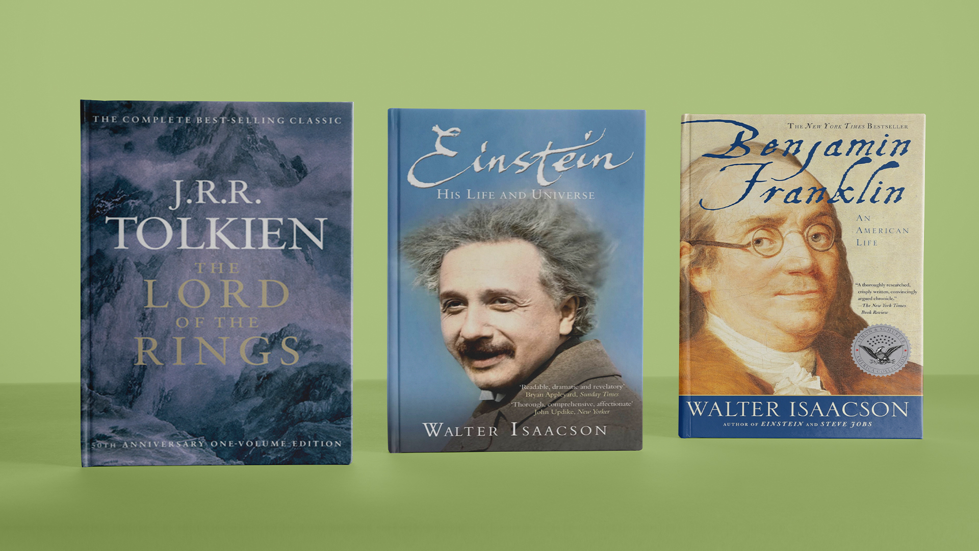 Book covers of The Lord of the Rings, Einstein: His Life and Universe, and Benjamin Franklin: An American Life