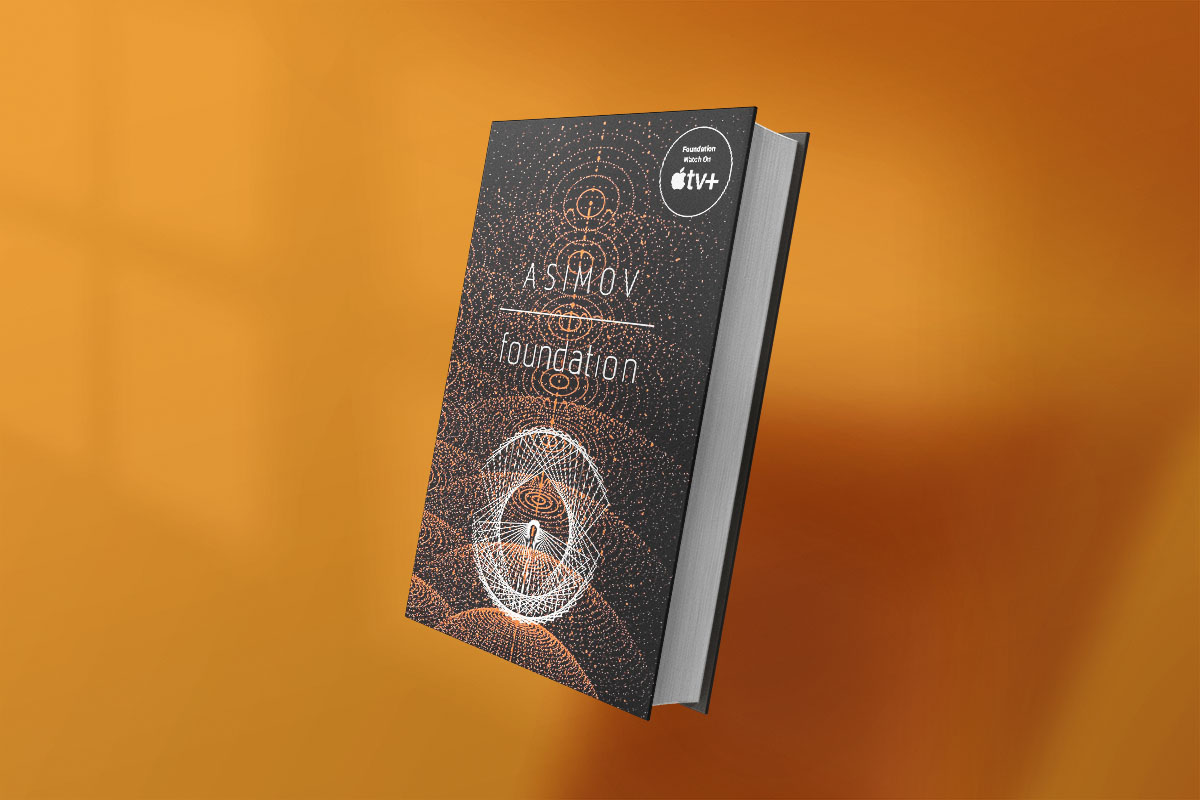 Book cover of Foundation by Isaac Asimov with an abstract orange and white digital design, set against an orange background. Apple TV+ sticker is visible on the top right.