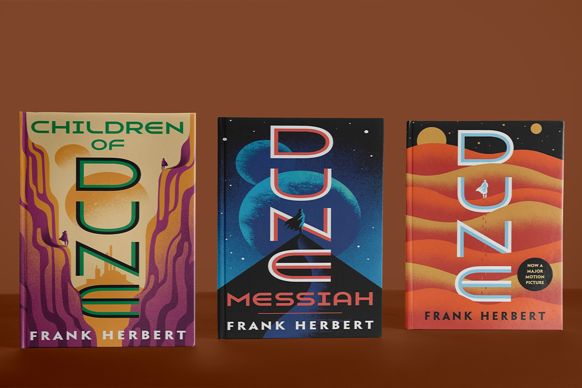 Cover image of three books from Frank Herbert's Dune series: Children of Dune, Dune Messiah, and Dune