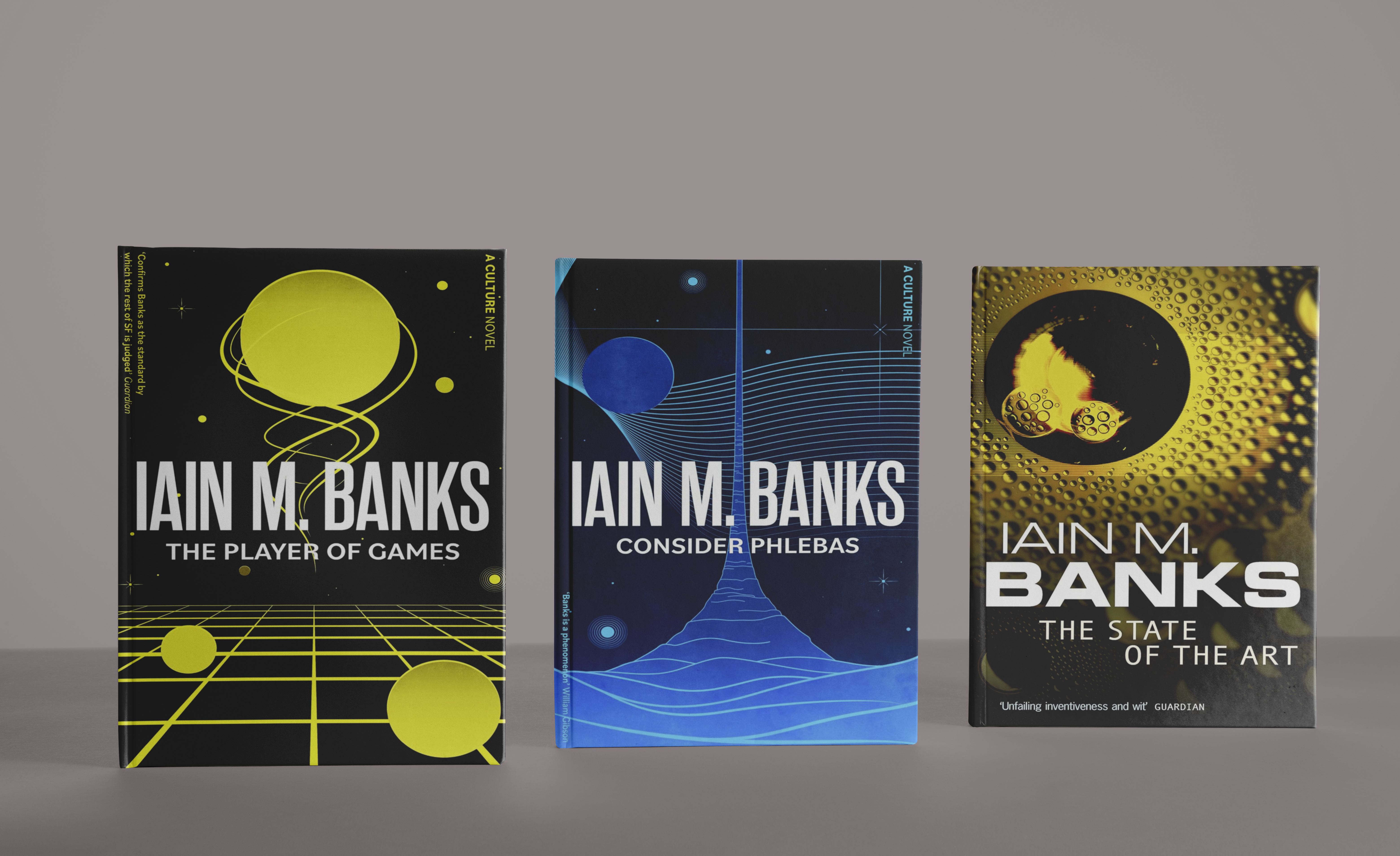 Cover image of three books from Iain M. Banks' Culture series: The Player of Games, Consider Phlebas, and The State of the Art