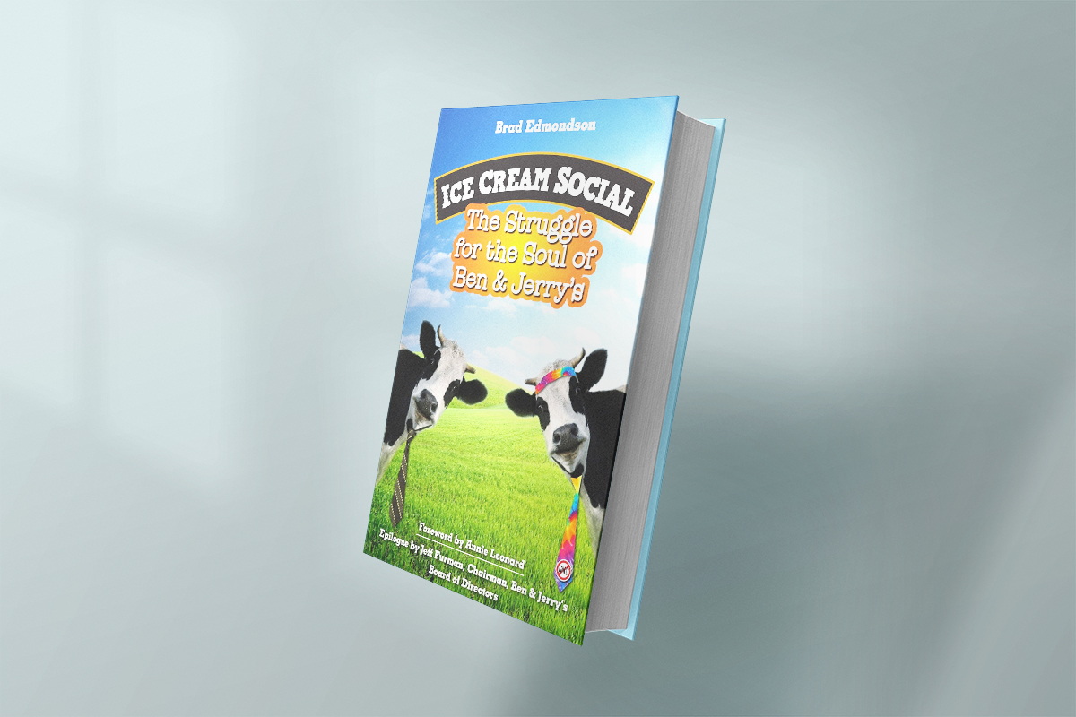 Book cover of Ice Cream Social by Brad Edmondson, showing two cows on a green field wearing a tie and a rainbow-colored scarf, with a bright blue sky and colorful title text.