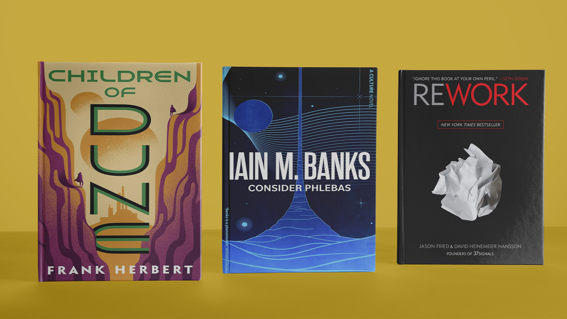 Book recommendations by Amazon founder Jeff Bezos - Children of Dune by Frank Herbert, Consider Phlebas by Iain M. Banks, and Rework by Jason Fried & David Heinemeier Hansson.