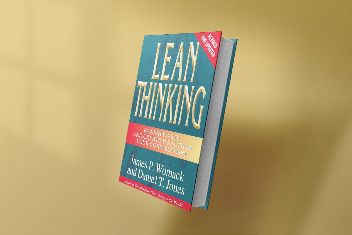 Cover of the book "Lean Thinking" by James P. Womack and Daniel T. Jones. The book promotes eliminating waste and creating value in corporations through lean principles