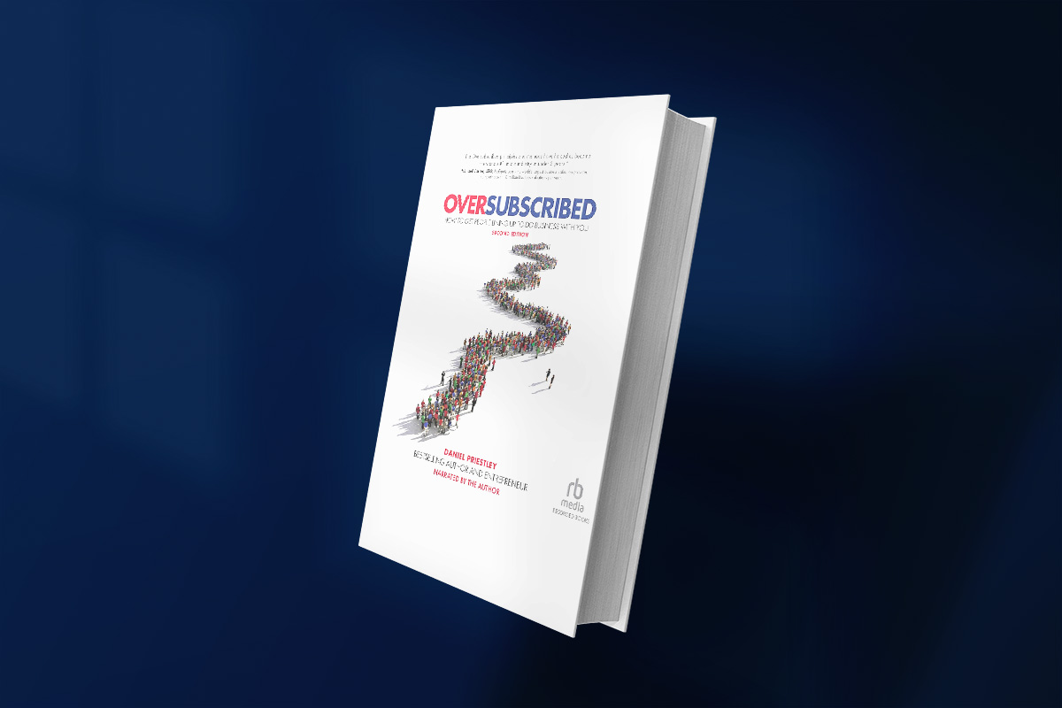 Cover of "Oversubscribed" by Daniel Priestley, showing a winding line of people forming a path on a minimalist white background, with the subtitle about getting people lining up to do business with you.