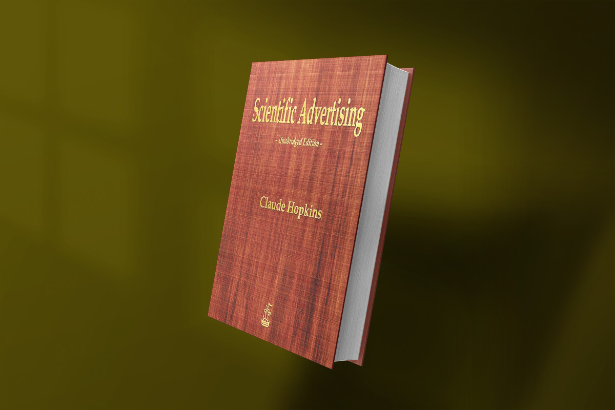 Cover of "Scientific Advertising" by Claude Hopkins, featuring a textured reddish-brown background and gold serif lettering, presented as an unabridged edition.