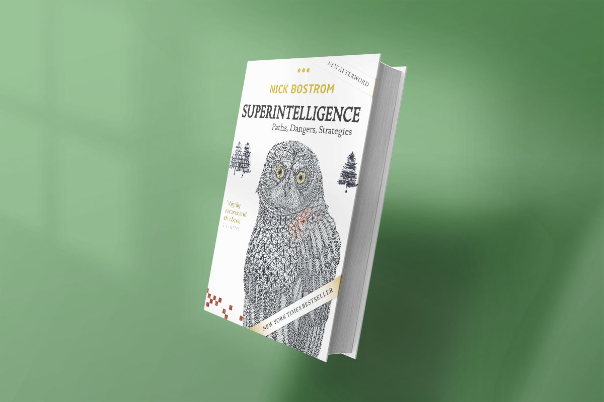 Book cover of Superintelligence: Paths, Dangers, Strategies by Nick Bostrom, featuring a hand-drawn owl and trees on a clean white background, with a green backdrop.