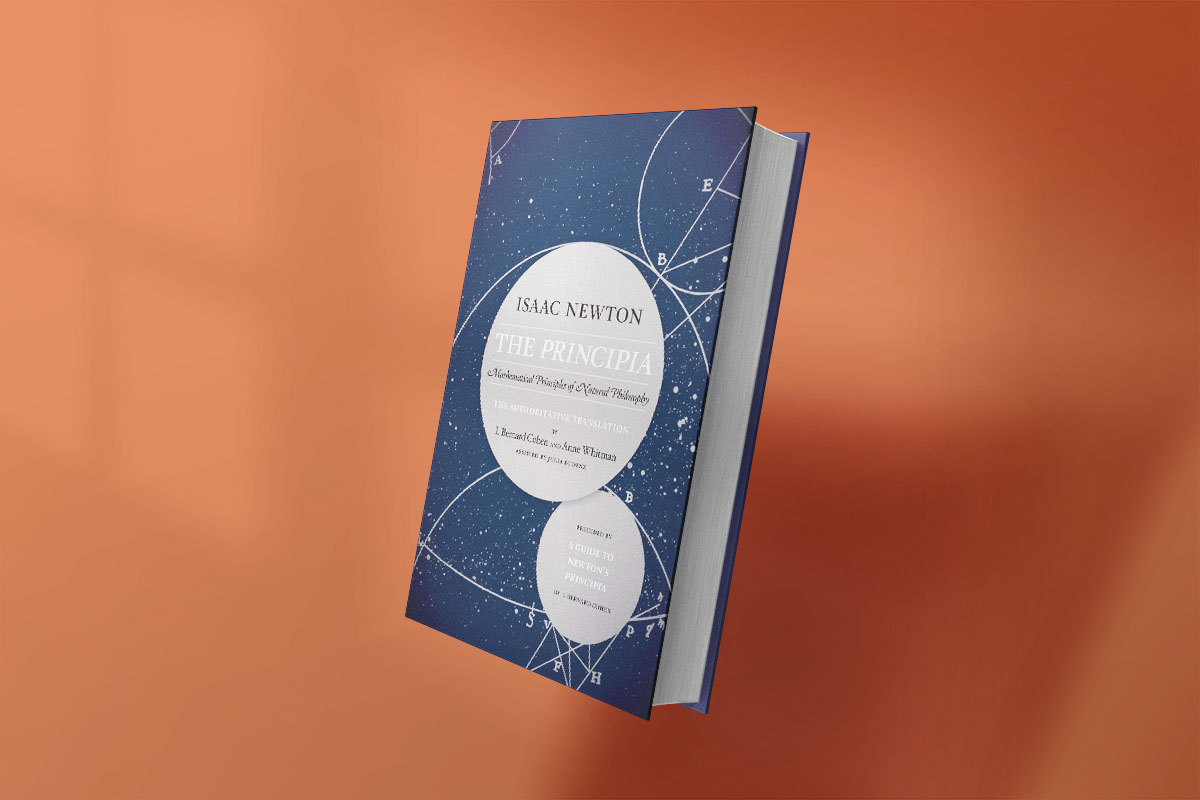 Book cover of The Principia: Mathematical Principles of Natural Philosophy by Isaac Newton, featuring a starry navy blue background with geometric diagrams and white circular text areas.