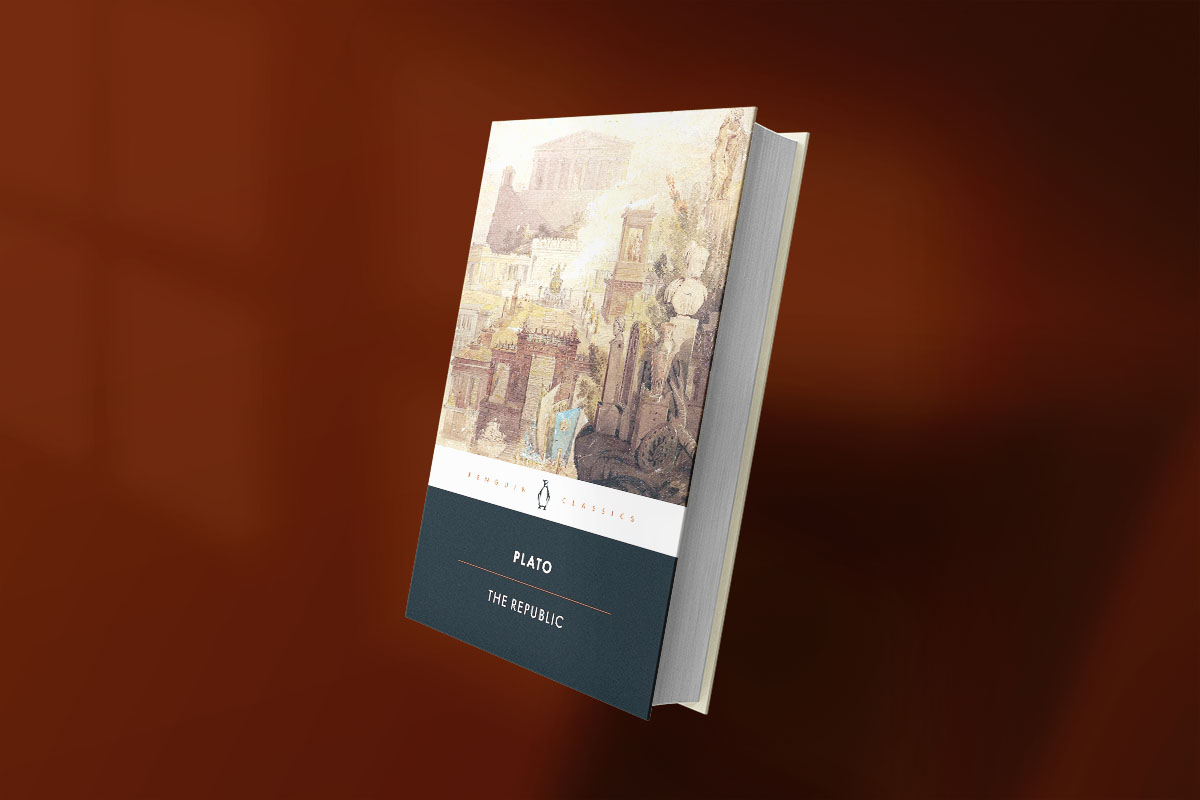 Cover of The Republic by Plato, Penguin Classics edition, featuring a classical painting of ancient architecture in muted tones.