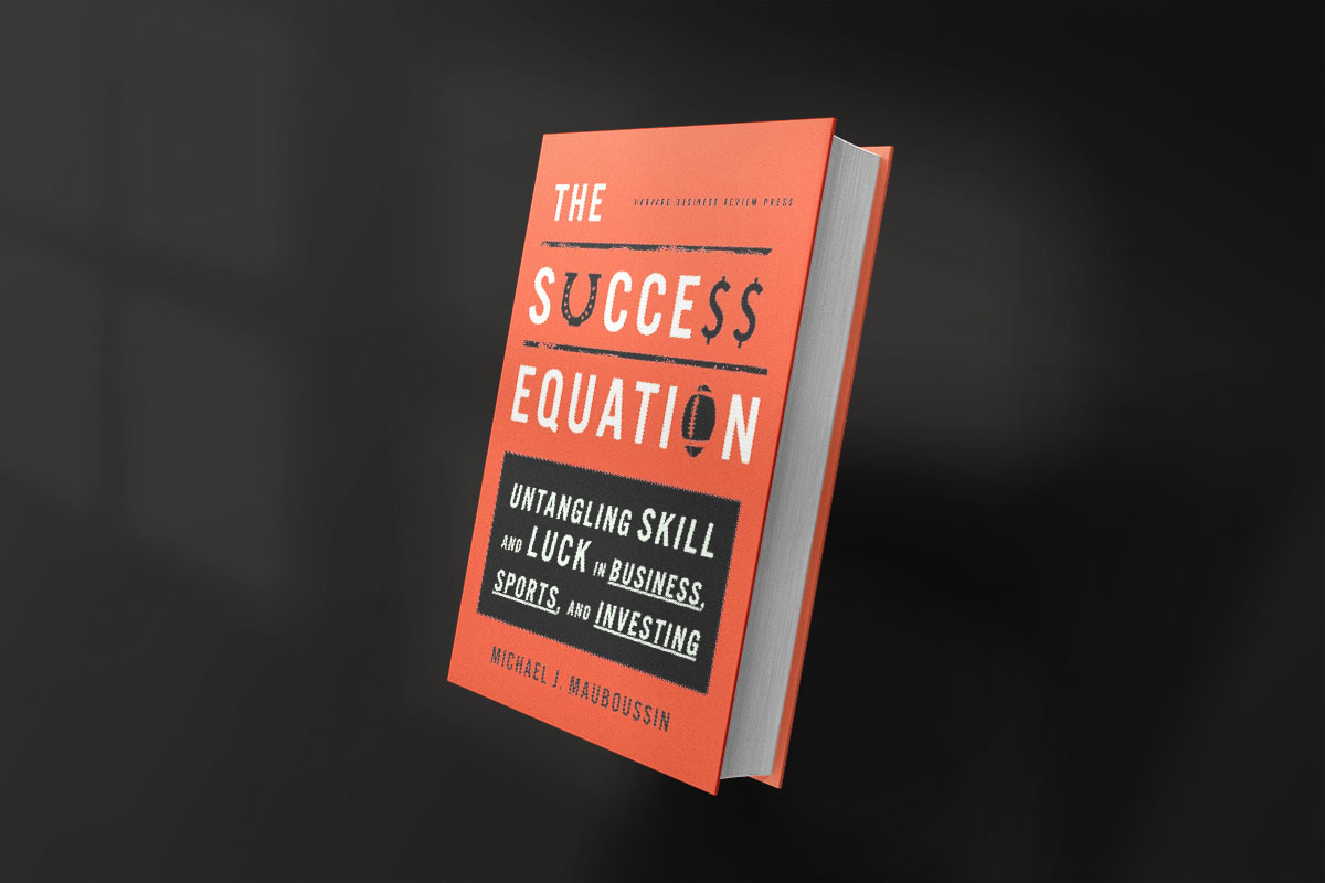 Cover of The Success Equation by Michael J. Mauboussin, featuring bold typography on an orange background, with icons replacing letters to reflect money and sports, and a subtitle highlighting skill, luck, business, sports, and investing.
