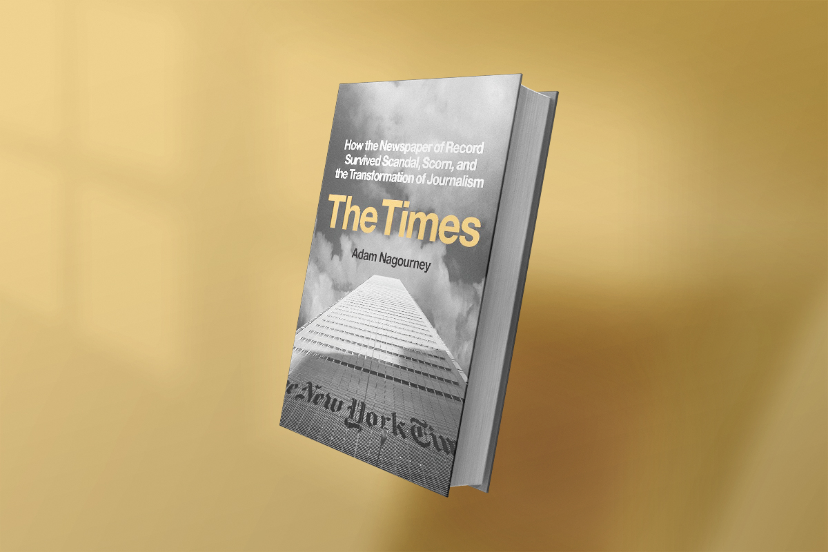 Book cover of The Times by Adam Nagourney, with a monochrome image of The New York Times building rising into cloudy skies, and the title in yellow text.