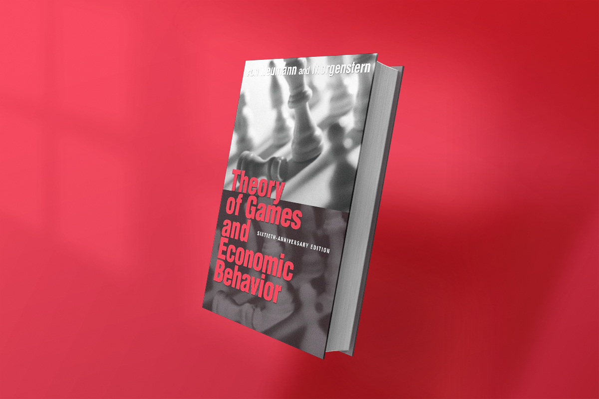 The book Theory of Games and Economic Behavior by John von Neumann and Oskar Morgenstern, featuring a grayscale image of chess pieces and bold red text, is a foundational work that launched modern game theory and its application to economics.