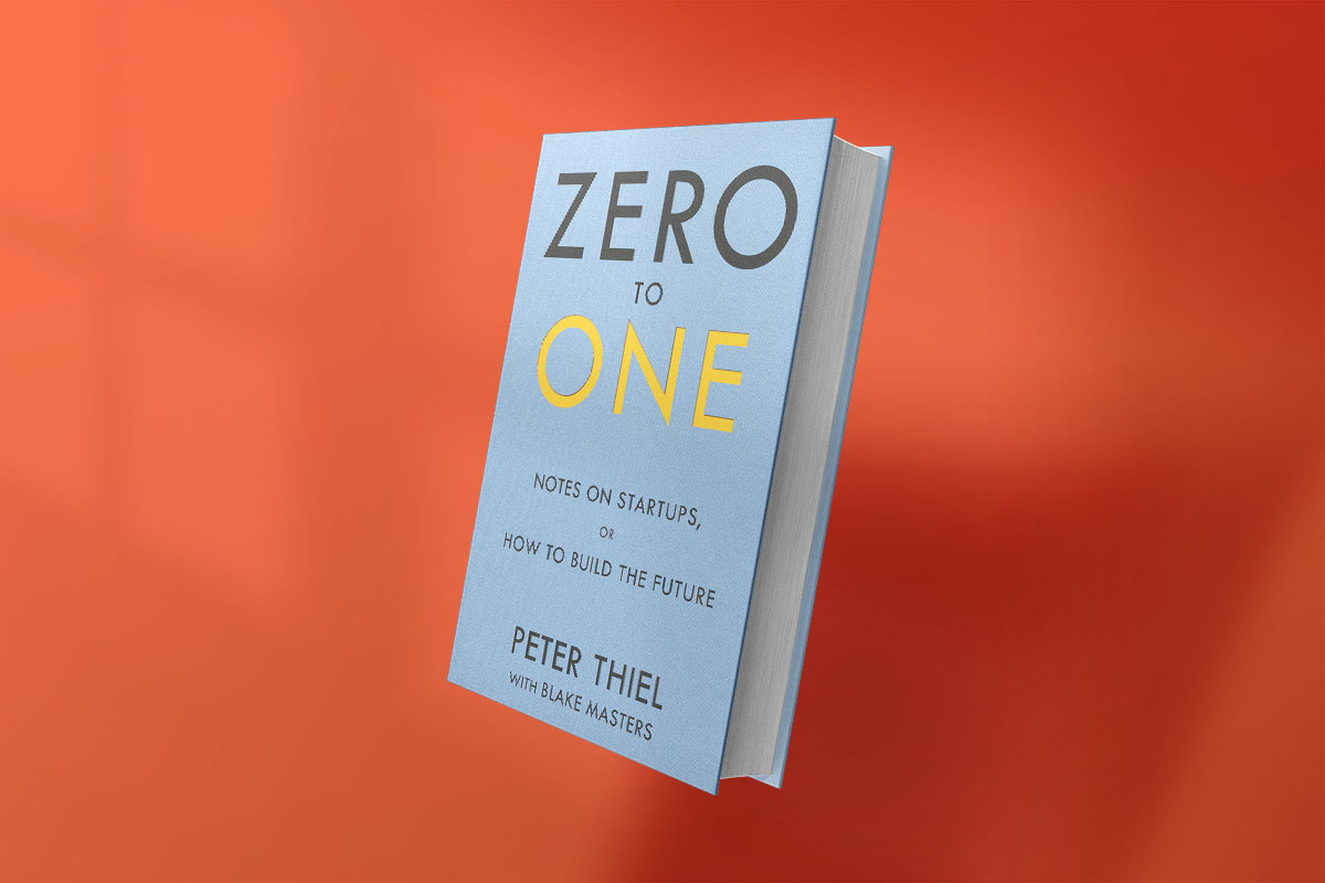 Cover of Zero to One by Peter Thiel and Blake Masters, featuring minimalist typography with the word "ONE" highlighted in yellow against a light blue background.